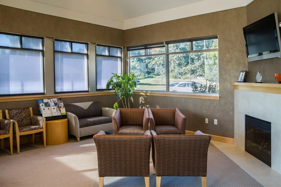 The waiting room: leather armchairs, a fireplace, a television and tall windows.